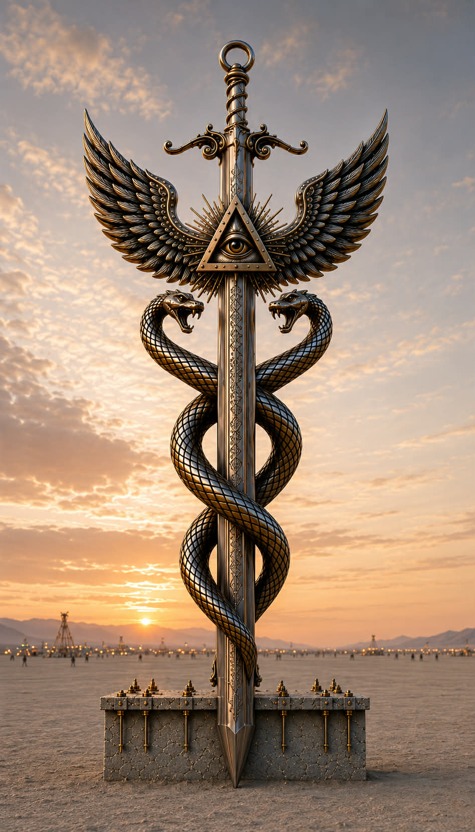 For They Know Not What They Do — winged sword sculpture with twin serpents on the Black Rock playa at sunset